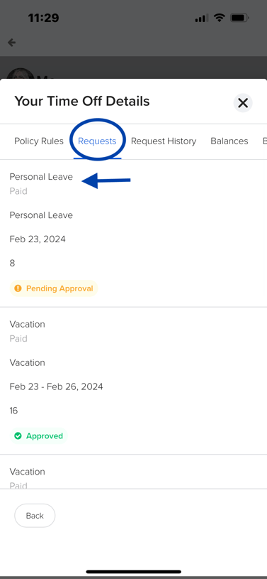 CF time off cancellation on mobile - 2. click into pending request