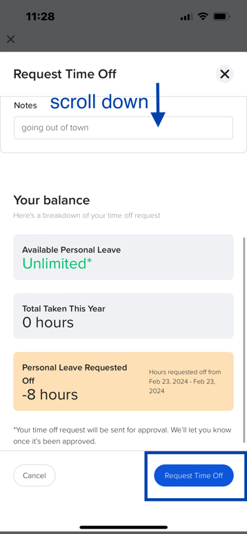 CF time off on mobile - 4. view balance then request time off