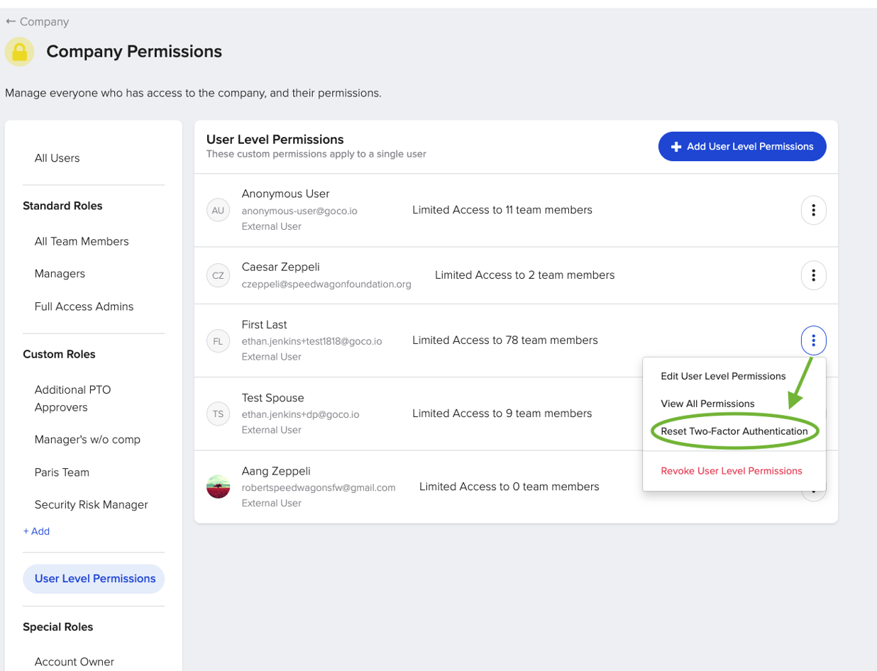 How do I reset Two-Factor Authentication for external users?