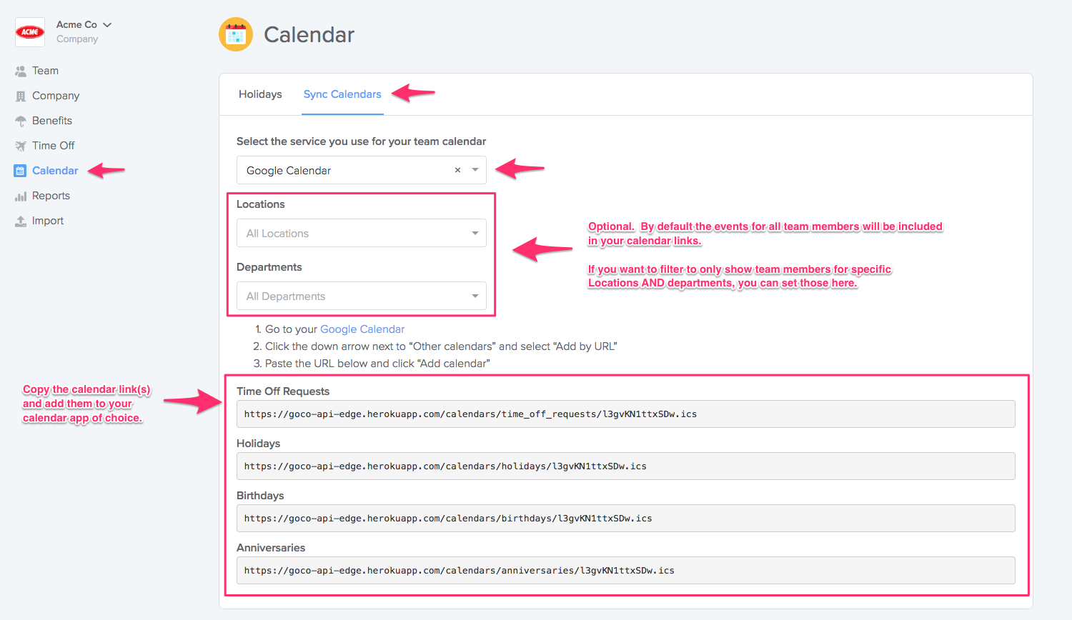 How do I sync GoCo with my company calendar